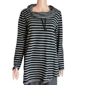 Soft Surroundings Blk/Wh Striped Tie Neck Top Med Hood Coastal Nautical Oversize